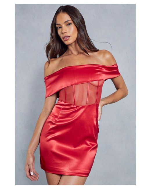 MissPap Red Satin Mesh Insert Corseted Bardot Bodycon Mini Dress