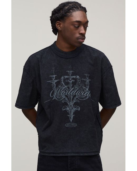 BoohooMAN Blue Acid Oversized Boxy Exposed Seam Chandelier Print T-Shirt Cotton for men