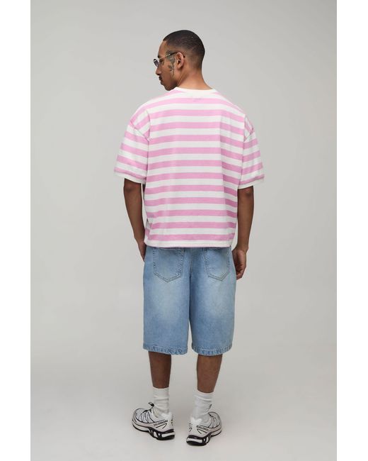 BoohooMAN Pink Oversized Boxy Stripe Monte Carlo Print T-Shirt for men