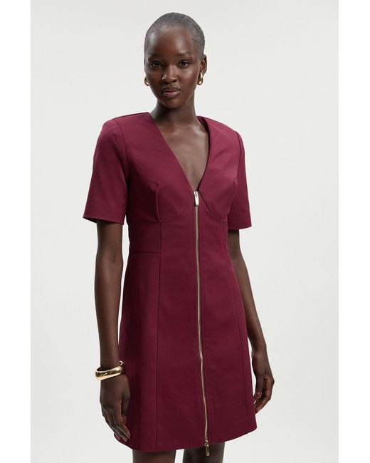 Karen Millen Red Techno Cotton Short Sleeve Zip Detail Woven Mini Dress