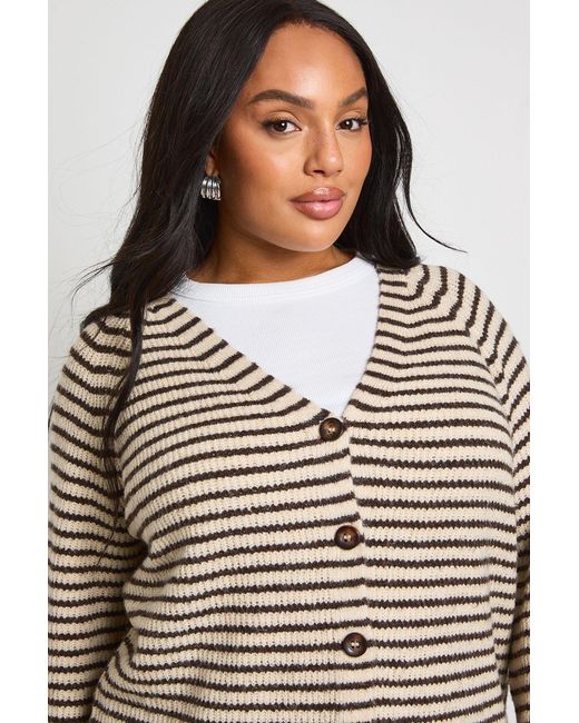 Boohoo Brown Plus Super Soft V Neck Stripe Knitted Boyfriend Cardigan