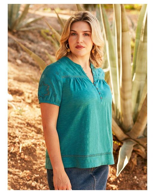 Live Unlimited Green Ocean Cotton Jersey Broderie Blouse