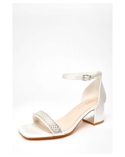 Quiz White Wide Fit Bridal Satin Pearl Low Block Heeled Sandals