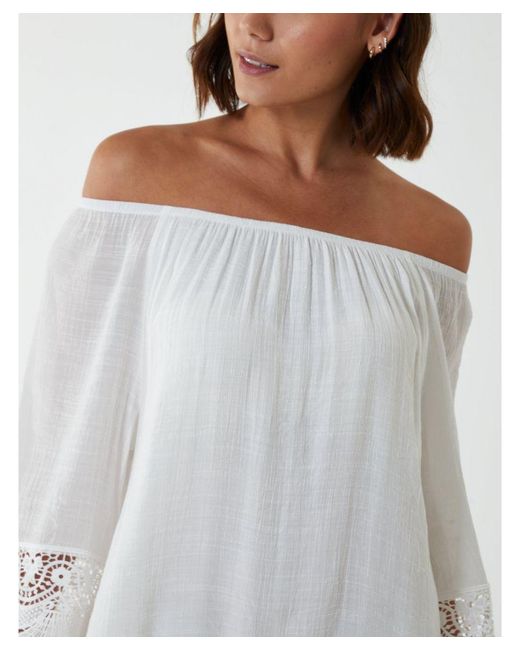 Blue Vanilla White Bardot Tunic Dress With Crochet Lace Sleeves