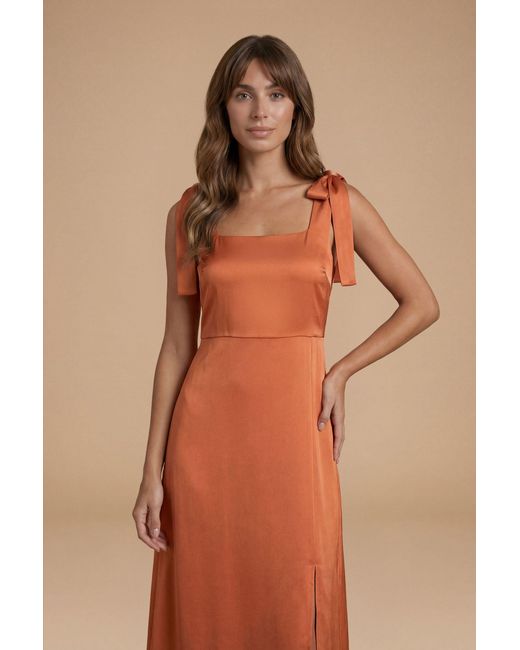 Oasis Brown Satin Tie Shoulder Midi Bridesmaid Dress