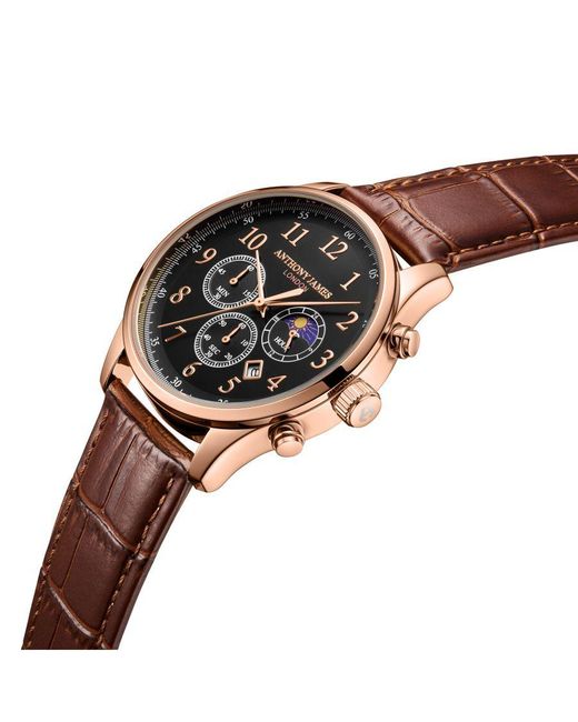 Anthony James Black Hand Assembled Moonphase Chronograph Rose Leather for men