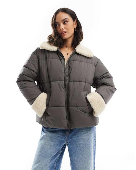 ASOS Gray Borg Collar And Cuff Puffer Jacket