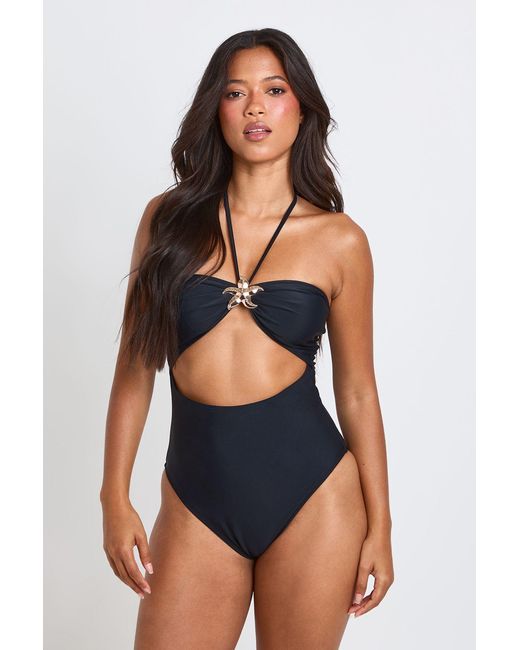 Boohoo Blue Starfish Trim Cut Out Halter Neck Swimsuit