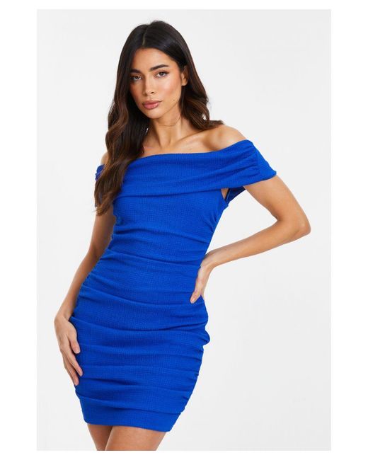 Quiz Blue Textured Bardot Bodycon Mini Dress