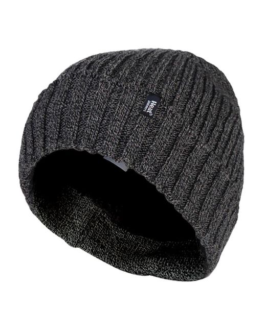 Heat Holders Black Ribbed Knit Fleece Lined Insulated Warm Turn Over Cuff Thermal Winter Beanie Hat for men