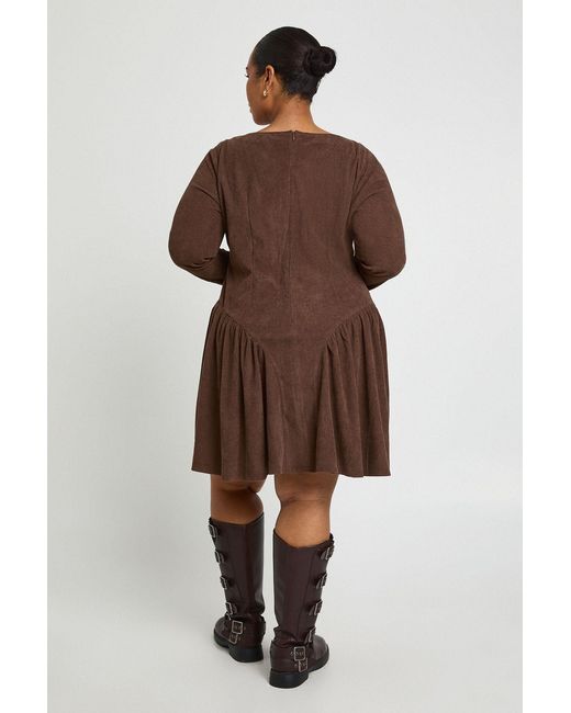 Boohoo Brown Plus Cord Milkmaid Skater Dress