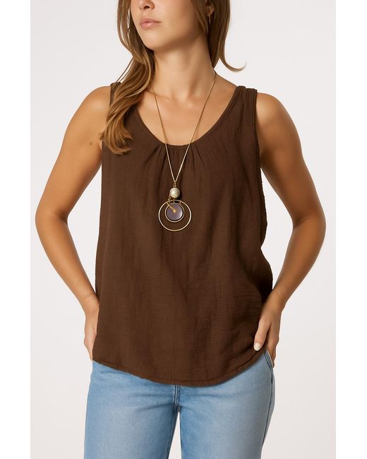 Blue Vanilla Brown Sleeveless Basic Necklace Crosshatch Top