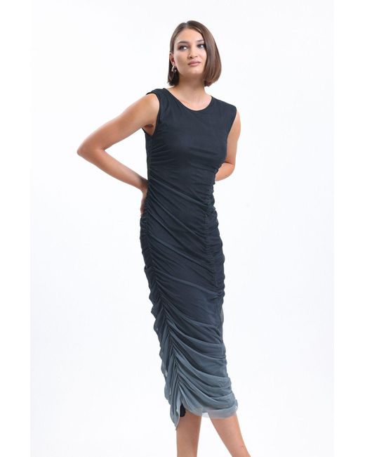 Hiccup Blue Tulle Round Neck Ruched Sleeveless Midi Dress