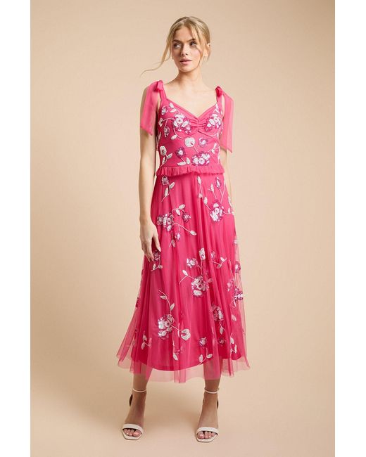 Oasis Pink Tie Shoulder Floral Embellished Midaxi Dress