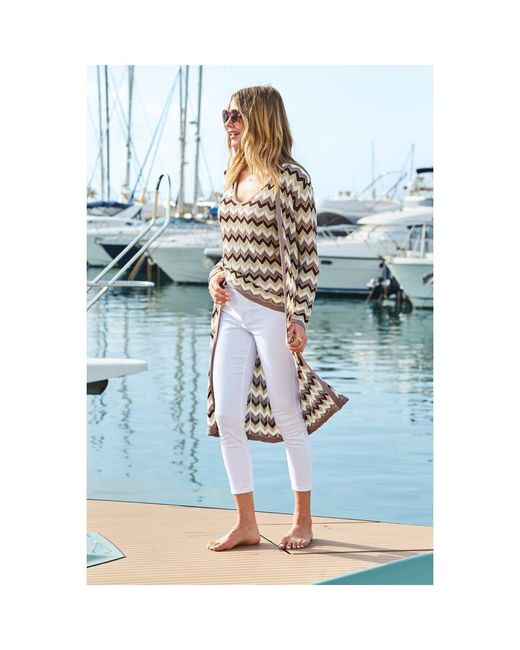 Sosandar Blue Neutral Metallic Chevron Print Longline Cardigan