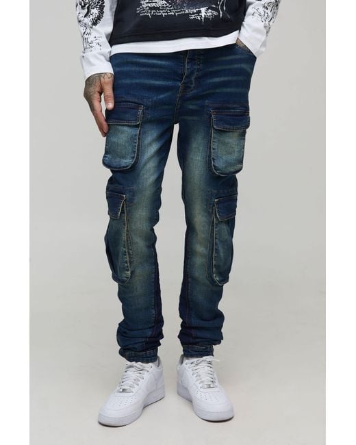 BoohooMAN Blue Tall Stacked Skinny Gusset Multi Cargo Pocket Jeans for men