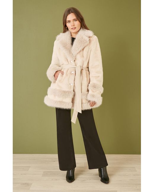 Yumi' Green Luxe Faux Fur Swing Coat With Tie Belt