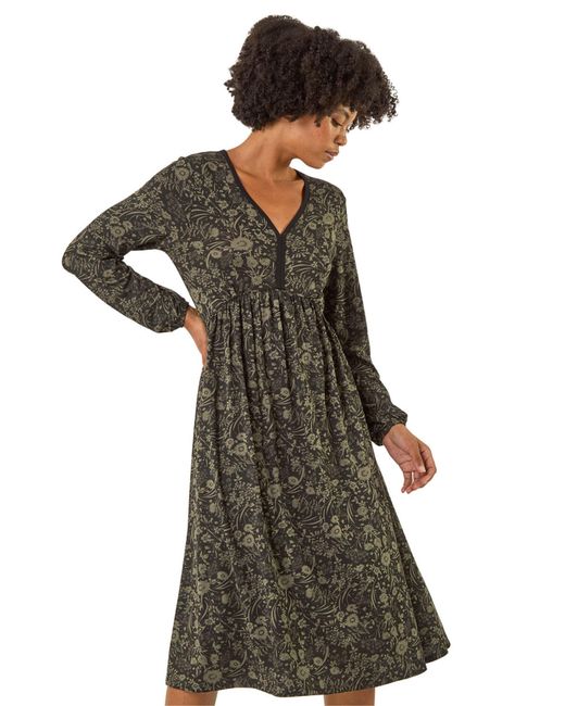 Roman Green Floral Print V-Neck Stretch Midi Dress