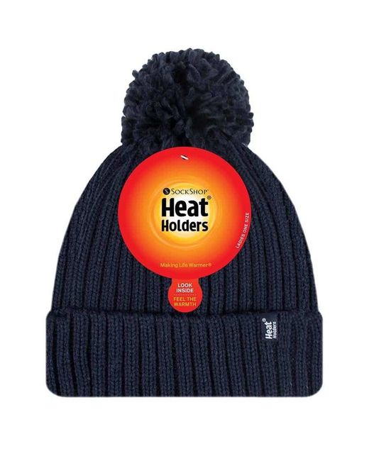 Heat Holders Blue Ladies Ribbed Cuffed Thermal Insulated Winter Pom Pom Bobble Hat