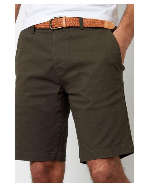 Threadbare Green 'Conta' Cotton Turn-Up Chino Shorts With Woven Belt for men