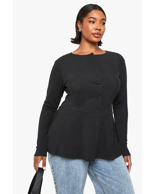 Boohoo Black Plus Rib Button Down Peplum Top