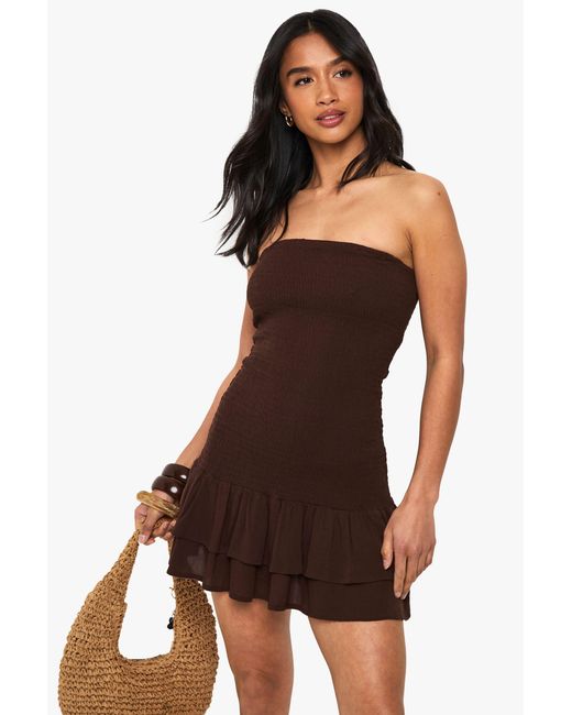 Boohoo Brown Petite Cheesecloth Shirred Mini Beach Dress