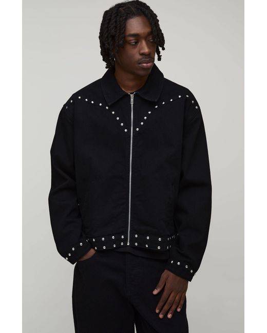 BoohooMAN Black Studded Western Oversized Boxy Denim Jacket for men