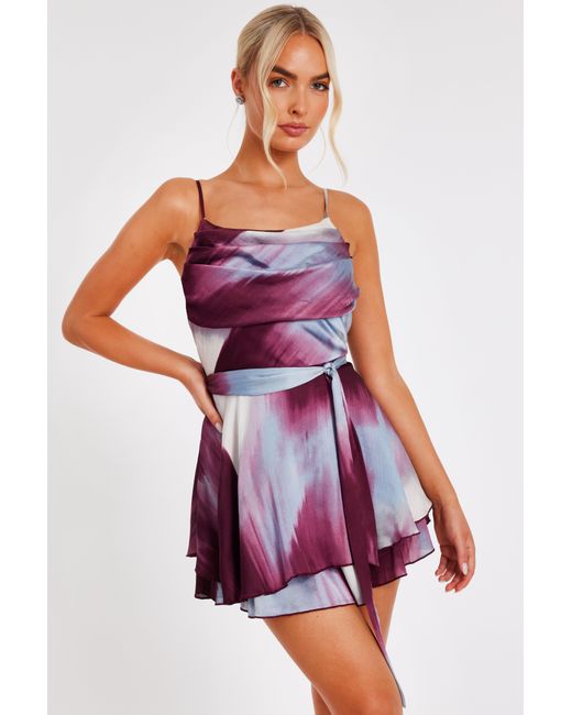 Quiz Red Burgundy Satin Printed Playsuit