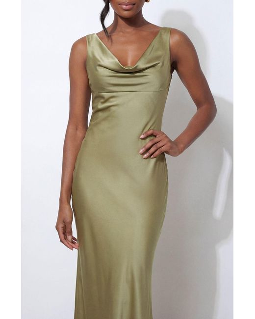 MissPap Green Premium Satin Cowl Neck Fishtail Maxi Bridesmaid Dress
