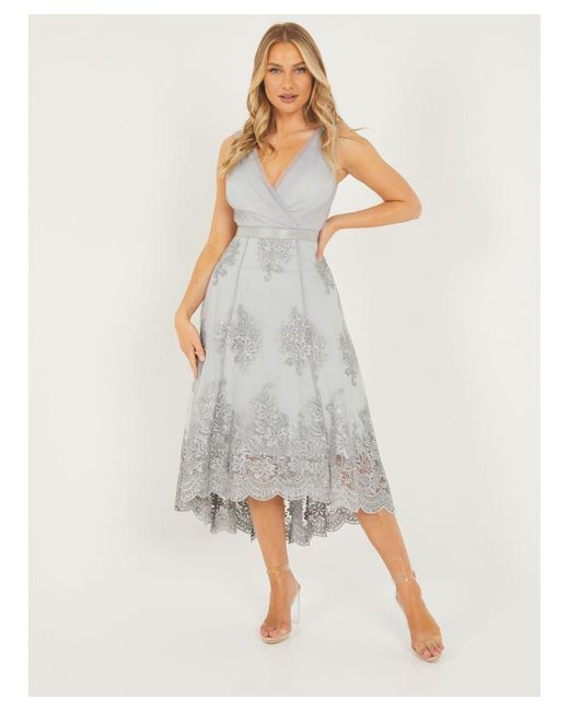 Quiz Gray Light Grey Lace Dip Hem Midi Dress