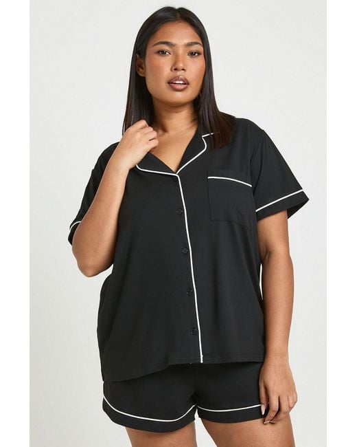 Boohoo Black Plus Jersey Piping Short Sleeve And Shorts Pyjama Set
