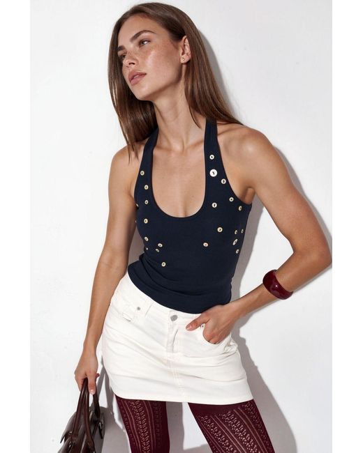 Busem Blue Embroidered Slim-Fit Sleeveless Blouse