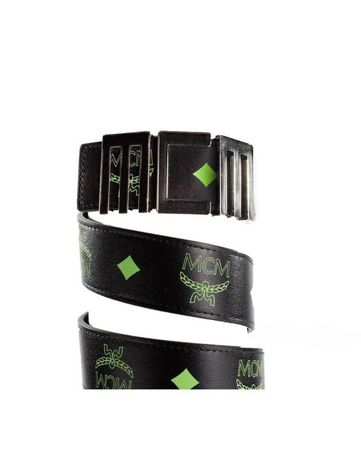 MCM Black Claus Summer Green Smooth Visetos Logo Leather Numeric Buckle Belt for men