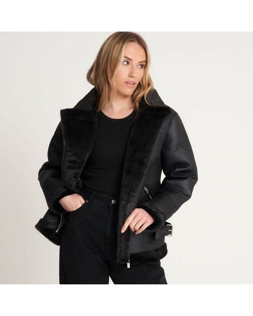 Barney's Originals Black Curve Faux Fur Aviator Coat