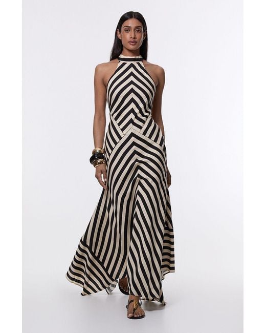 Karen Millen White Mono Fluid Stripe Cotton Mix Woven Maxi Halter Dress