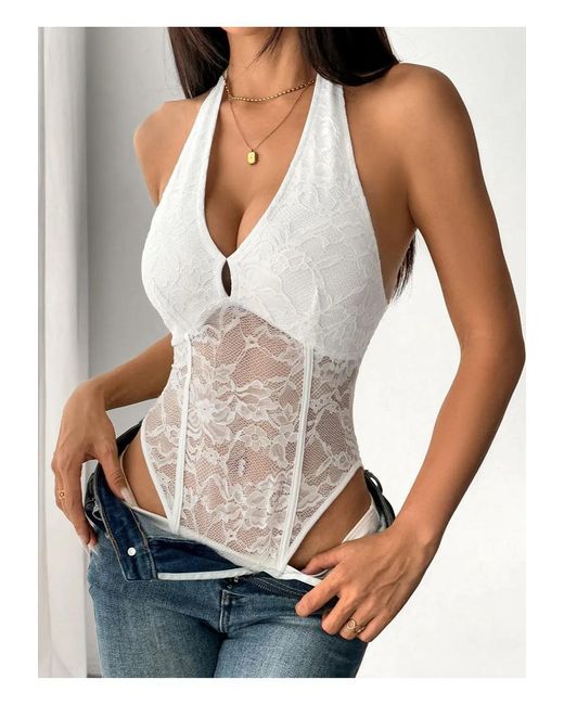 High Cut Halter Bodysuit in White Palm Leaf main image 1