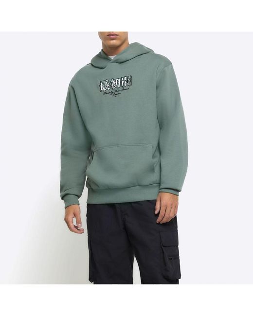River Island Green Hoodie Regular Fit Graphic Print Cotton for men