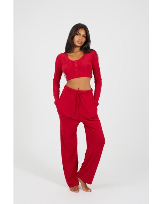 Brave Soul Red Cropped Long Sleeve & Wide Leg Lounge Set