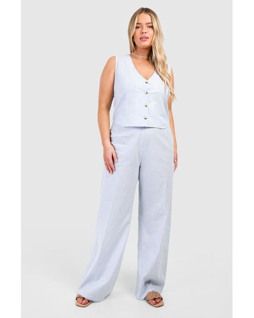 Boohoo Blue Plus Woven Pinstripe Wide Leg Trouser & Waistcoat Co-Ord