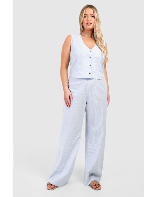Boohoo Blue Plus Woven Pinstripe Wide Leg Trouser & Waistcoat Co-Ord