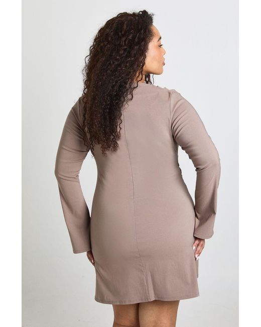 Boohoo Natural Plus Ruched Waist Flared Sleeve Mini Dress