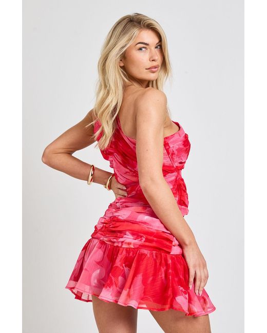Boohoo Red Chiffon Ruched One Shoulder Floral Mini Dress