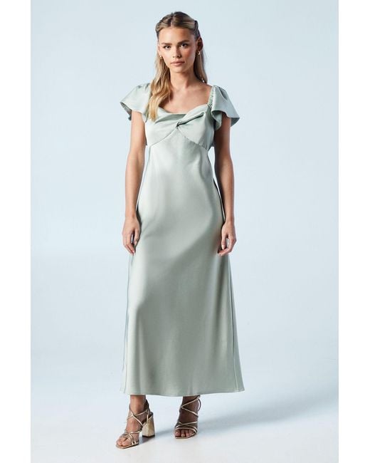 Oasis Blue Petite Twist Front Angel Sleeve Midi Bridesmaids Dress