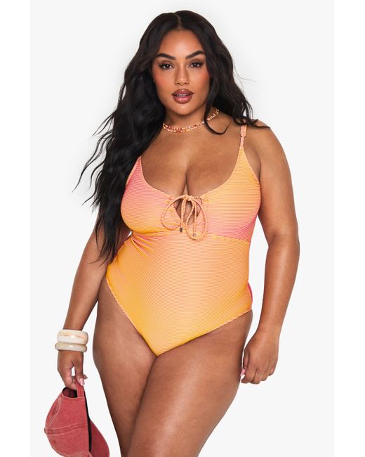 Boohoo Orange Plus Textured Stripe Cutout Bathing Suit
