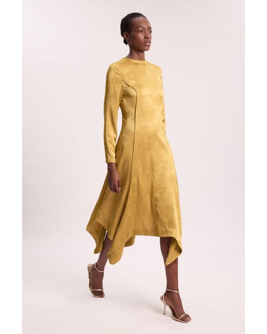 Karen Millen Metallic Jacquard Long Sleeve Hanky Hem Woven Maxi Dress