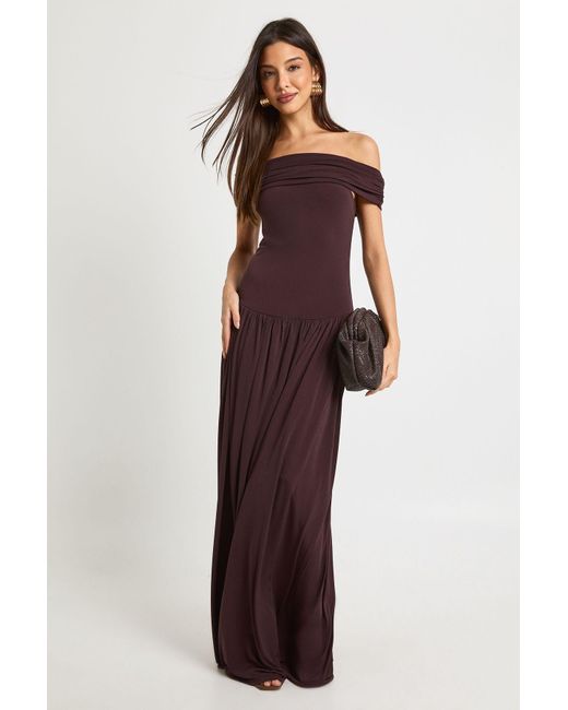 Boohoo Brown Bardot Dropped Waist Maxi Dress