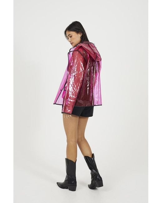 Brave Soul Red Clear Hooded Festival Rain Mac With Contrasting Binding