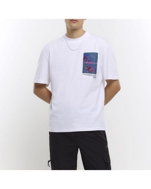 River Island White T-Shirt Regular Fit Graphic Cotton for men