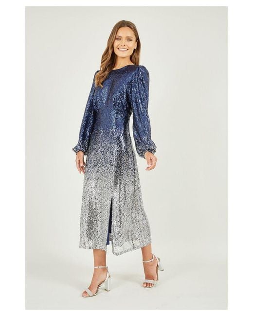Yumi' Blue And Sequin Ombre Long Sleeve Midi Dress