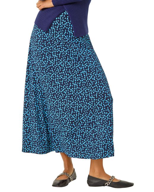 Roman Blue Floral Print Stretch Midi Skirt